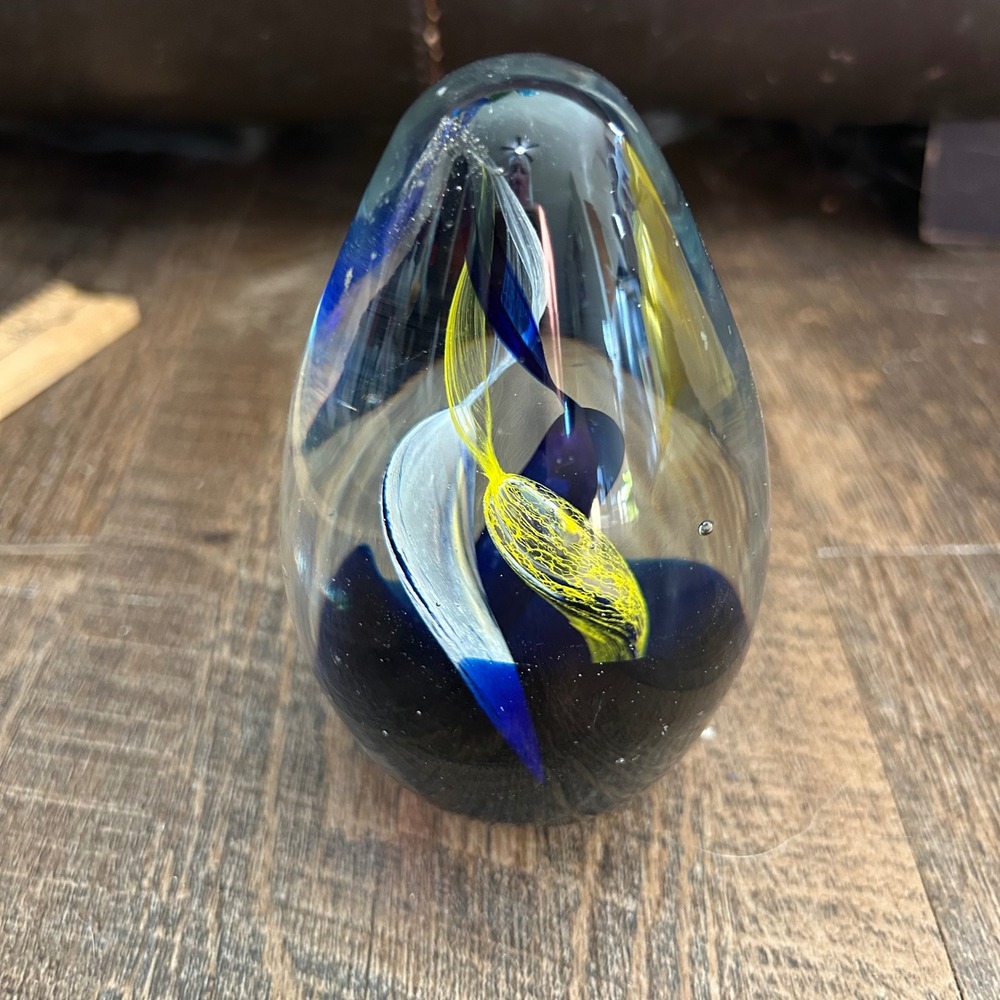 Vintage Art Glass Egg Paperweight Cobalt Blue Yellow White Swirl Teardrop 4.5"